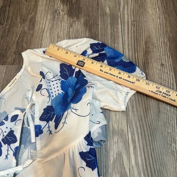 Sunday Up White and Blue Floral Tie‎ Blouse Puff Sleeves Crop Top Women’s Large - Picture 6 of 8